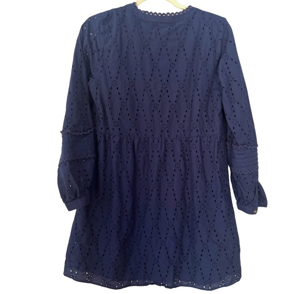 LOFT Eyelet Dress Medium Petite Navy Long Sleeve Feminine Twee Wedding Cruise - Picture 3 of 9